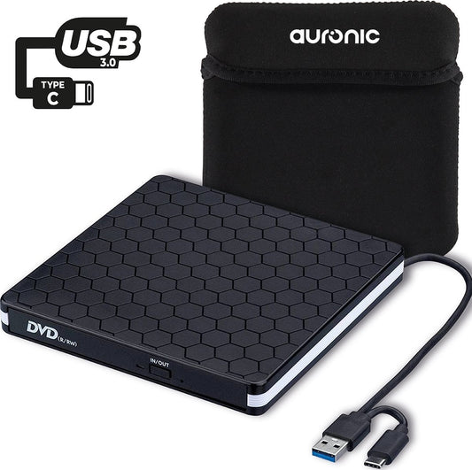 Auronic Lecteur DVD externe - Pour ordinateur portable et graveur - USB 3.0 ou USB C - Windows, MacOS & Linux - Livré avec housse et câble