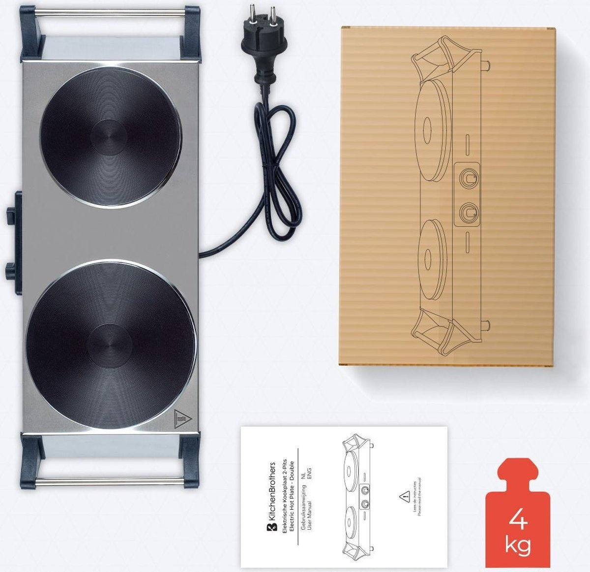 KitchenBrothers Table de cuisson électrique - 2 brûleurs - 2500W - inox