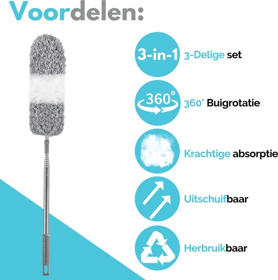 VAIVE Pelle à poussière extensible à 280 cm - Boule de rage avec manche télescopique - Plumeau - Dépoussiéreur - Lavable et rotatif - 3 accessoires