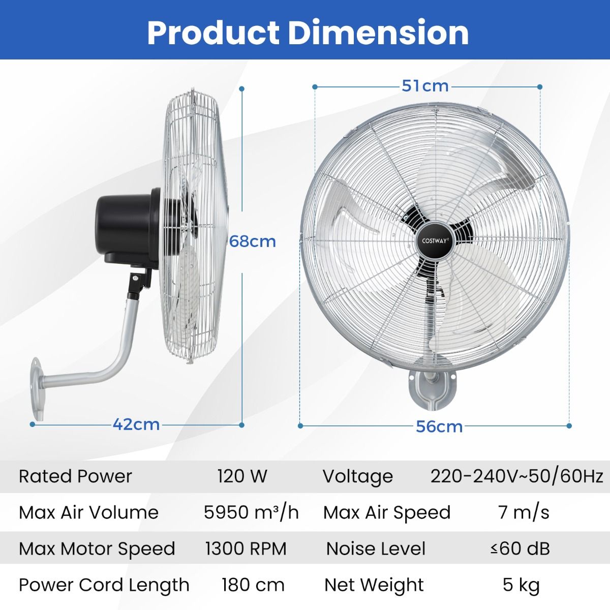 Ventilateur mural industriel Coast Ø 56 cm - Argent - 3 vitesses, 85° d'oscillation, 30° d'inclinaison