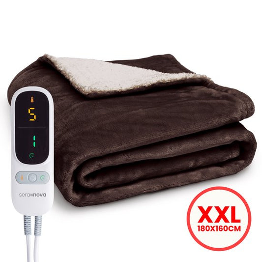 Seranova Couverture électrique XXL - Fils chauffants supplémentaires - Modèle Premium - 180x160 cm - Couverture chauffante pour 2 personnes - Sherpa polaire double face - Châtaigne