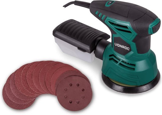 VONROC Ponceuse à orbite aléatoire - 300W - Ø125mm - Avec boîte de collecte des poussières et 12 morceaux de papier de verre