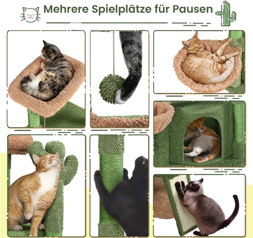 Yaheetech Arbre à chat « Kaktus » XS 42,5 x 42,5 x 106,5 cm - Vert/Marron - Arbre à chat avec maison, panier suspendu et poteaux en sisal