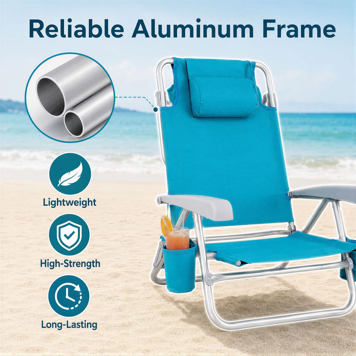 Ensemble de 2 chaises de plage Coast - pliables, avec dossier et appui-tête réglables - turquoise