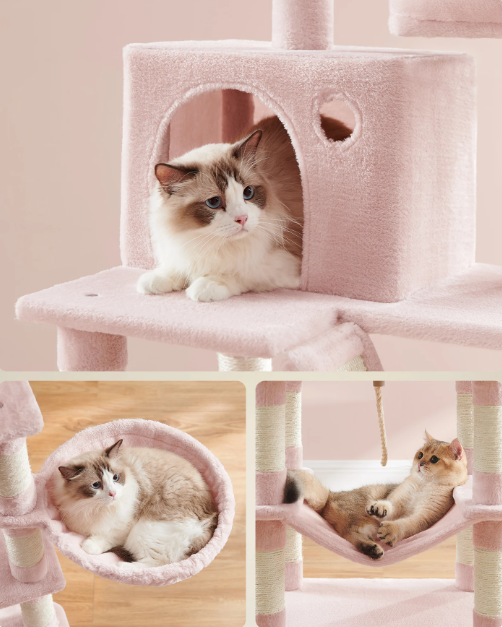 Joyfurnos L Arbre à chat 168 cm - Rose pastel - À plusieurs niveaux avec 13 poteaux à griffer et un hamac