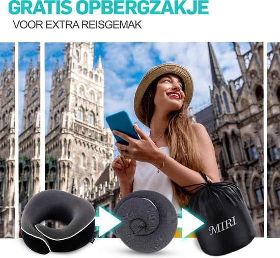 MiRi Neck Pillow -【Luxe】Travel Pillow - Soutien de la nuque - Mousse à mémoire de forme - Noir - Ergonomique - Avion/Voiture/Bureau à domicile