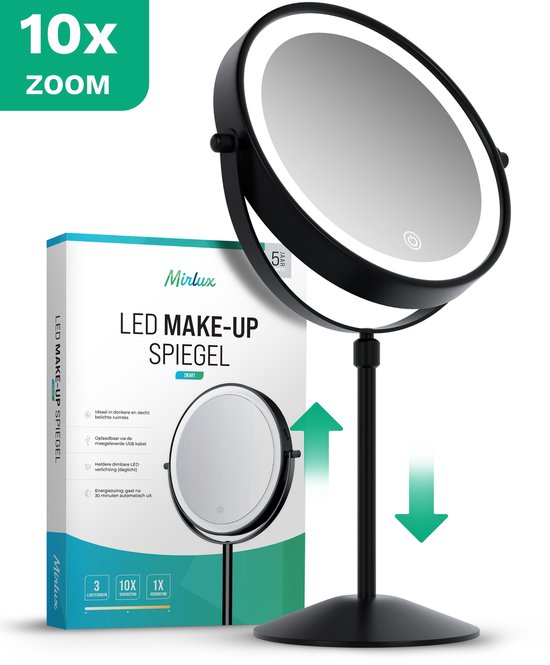 Mirlux Miroir de maquillage avec éclairage LED - lumière grossissante 10x - réglable en hauteur - 3 modes d'éclairage - rechargeable - Miroir grossissant noir