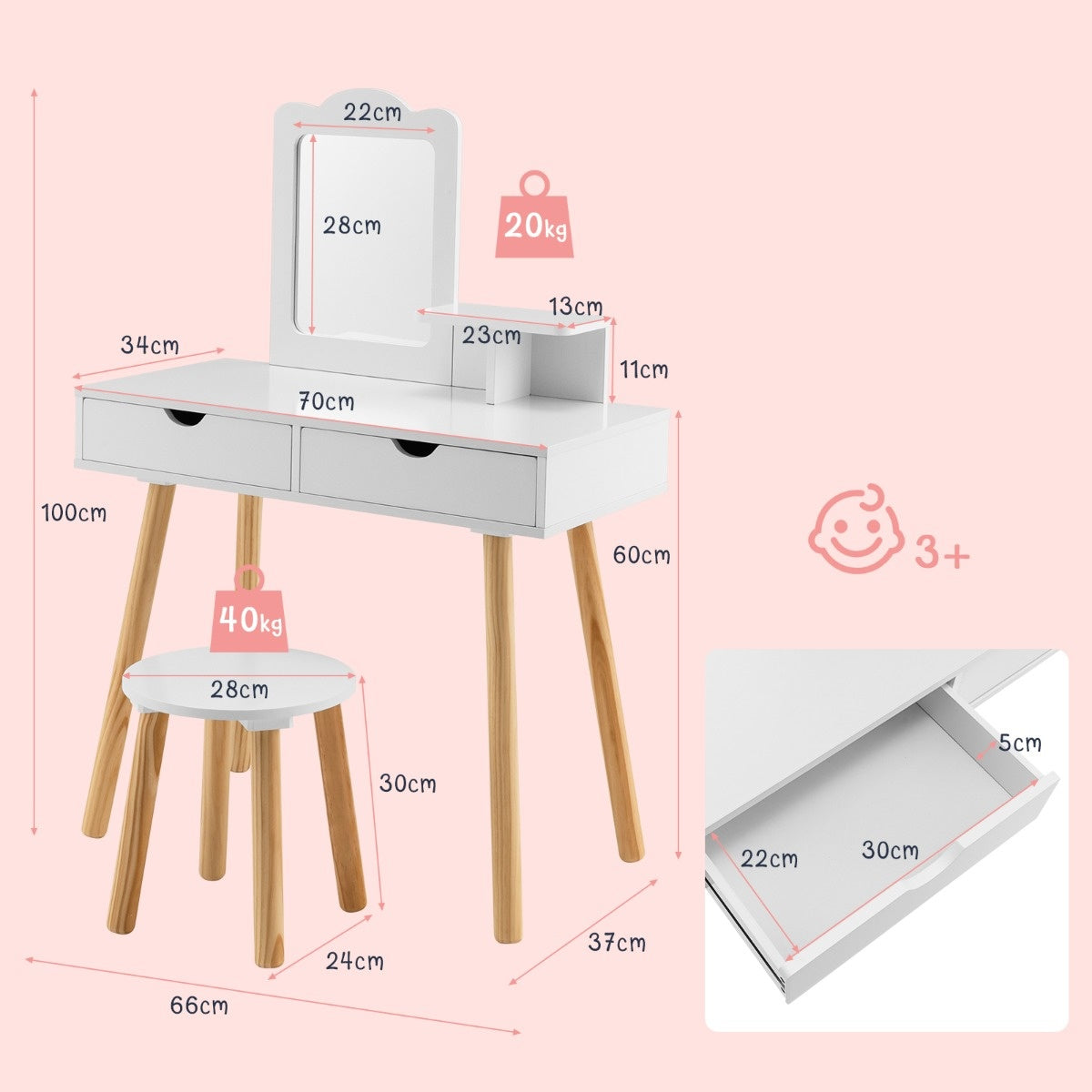 Coast 2 in 1 children's Lid Table Set desk & stool with mirror 70 x 37 x 100 cm white