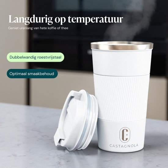 Mug isotherme Castagnola - Mug à café à emporter - Mug de voyage pour café et thé - Mug à thé - 510 ml - Acier inoxydable - Blanc