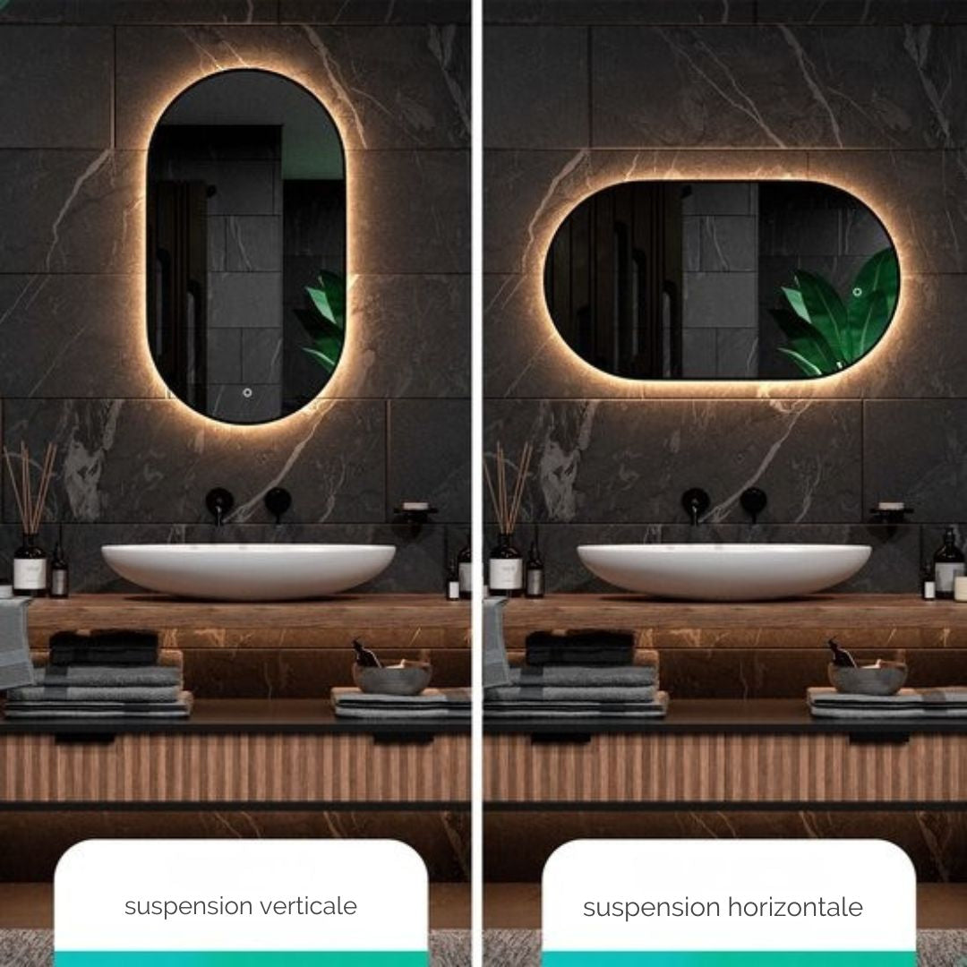 Miroir de salle de bain - Mirlux - avec éclairage LED et chauffage - ovale - anti-condensation - 90x50CM - noir