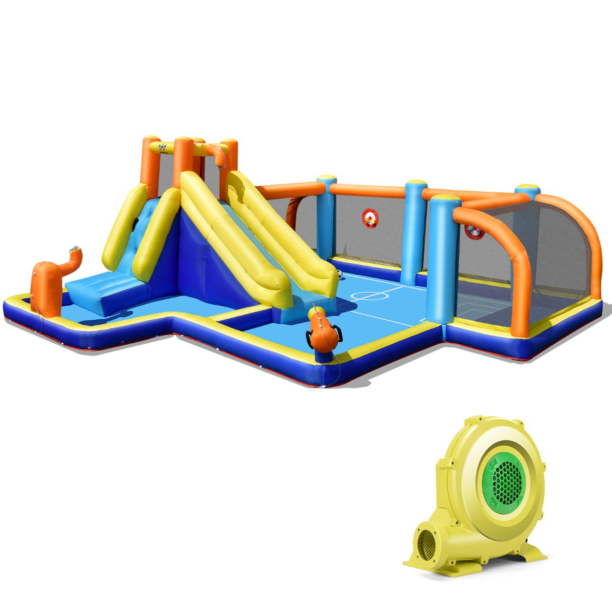 Château gonflable Coast avec toboggan - Thème football - Coloré - 465 x 500 x 200 cm