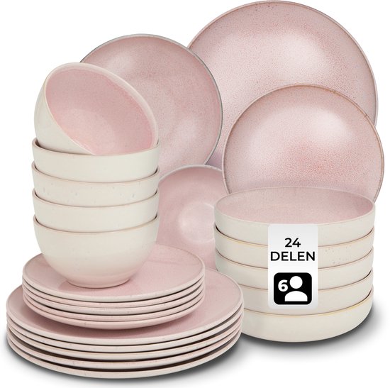 tectake® Service de table Mare - 24 pièces - Grès à émail brillant - Pour 6 personnes - Service de table fait main - Service de table moderne comprenant des grandes et petites assiettes, des bols et des petits plats - Lavable au lave-vaisselle et utilisab