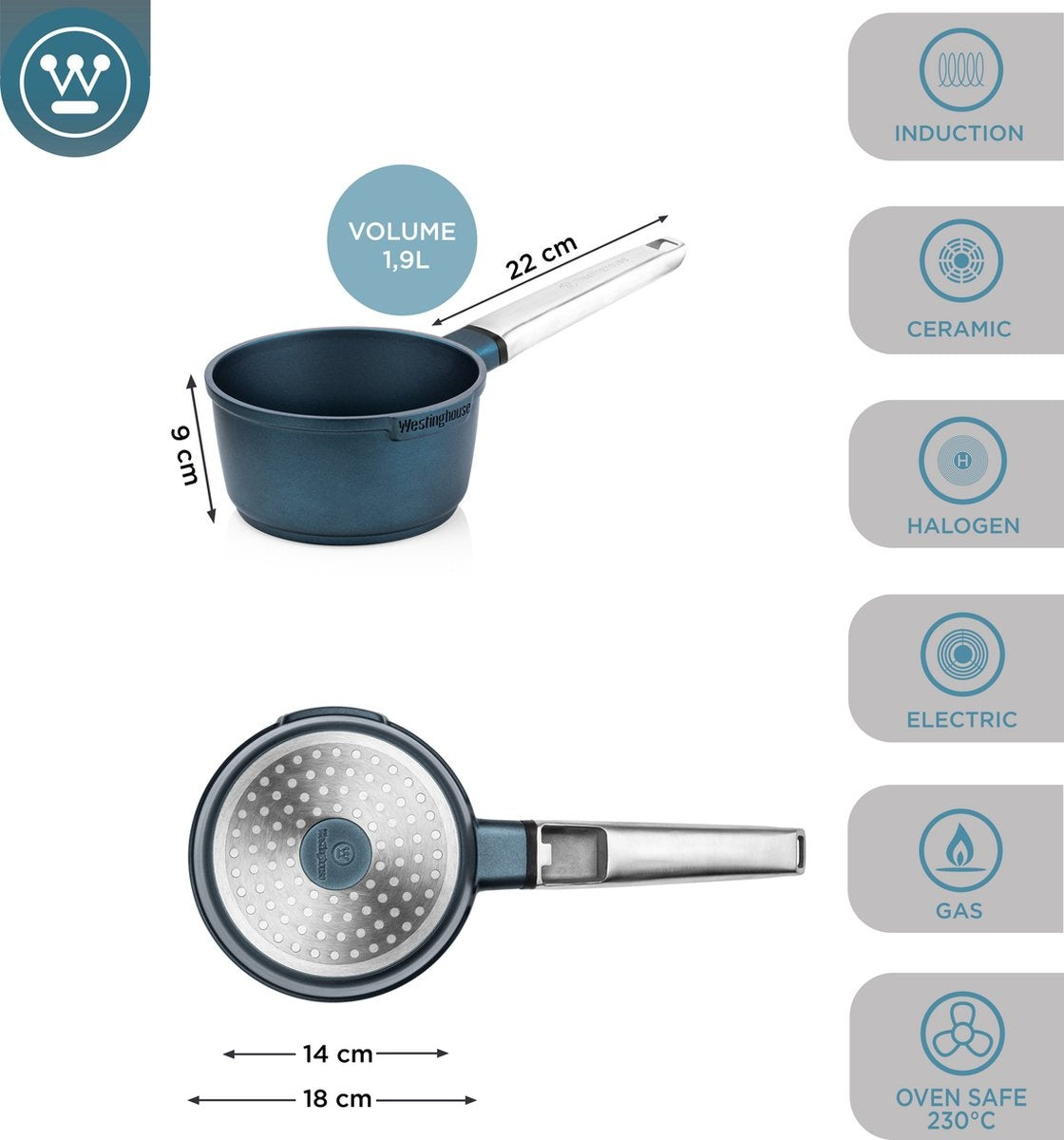 Westinghouse Performance Series - Marmite à induction 18cm - Convient au four - Bleu - Casserole