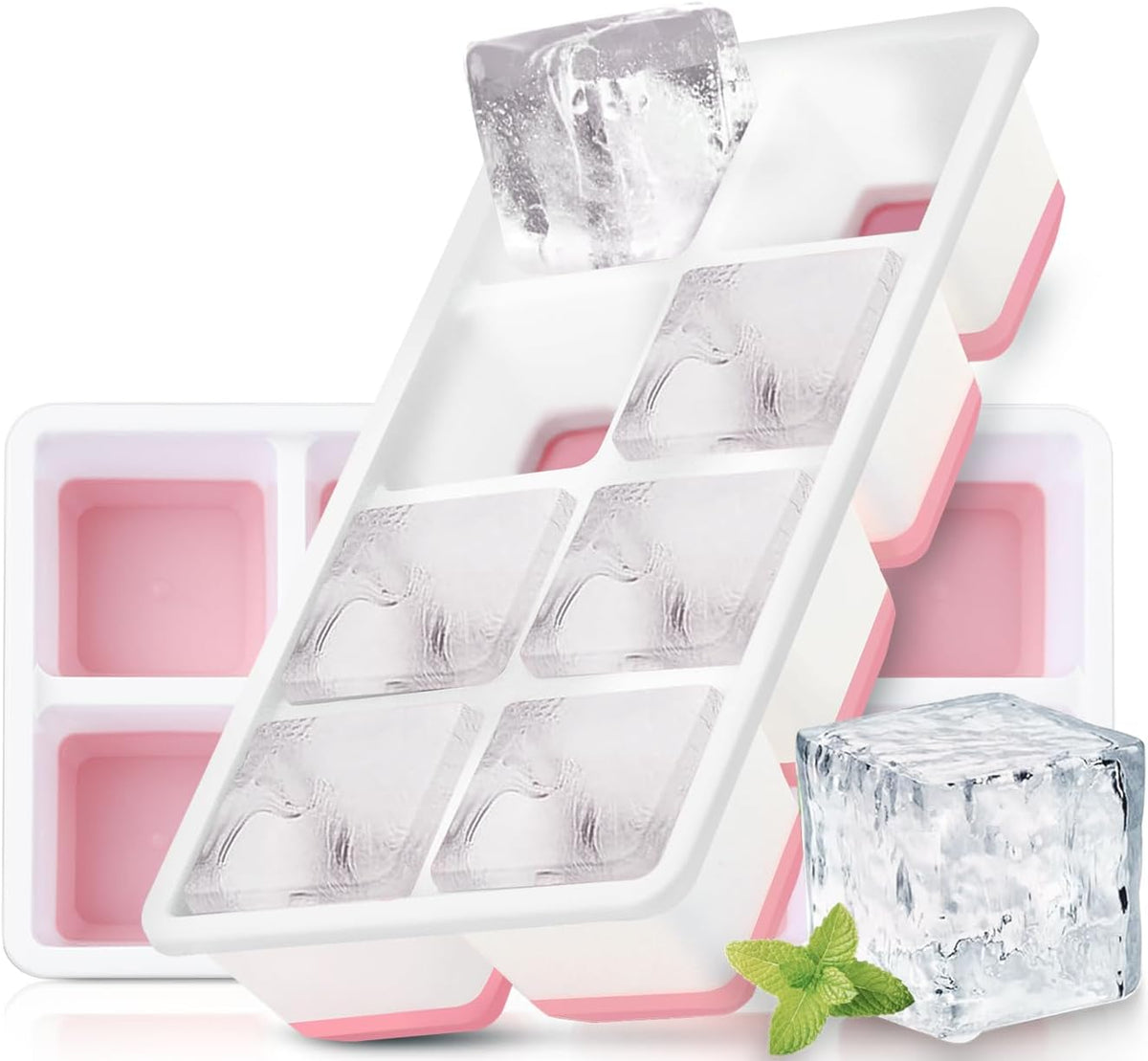 Moule à glaçons en silicone grand format avec couvercle, lot de 2 - Glaçons de 4,5 x 4,5 x 4 cm - Sans BPA et empilables - Rose