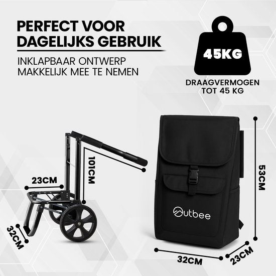 Outbee Chariot de courses - Pliable - Polyester - Avec roues EVA - Cadre en aluminium - Capacité de charge 45 kg - Noir