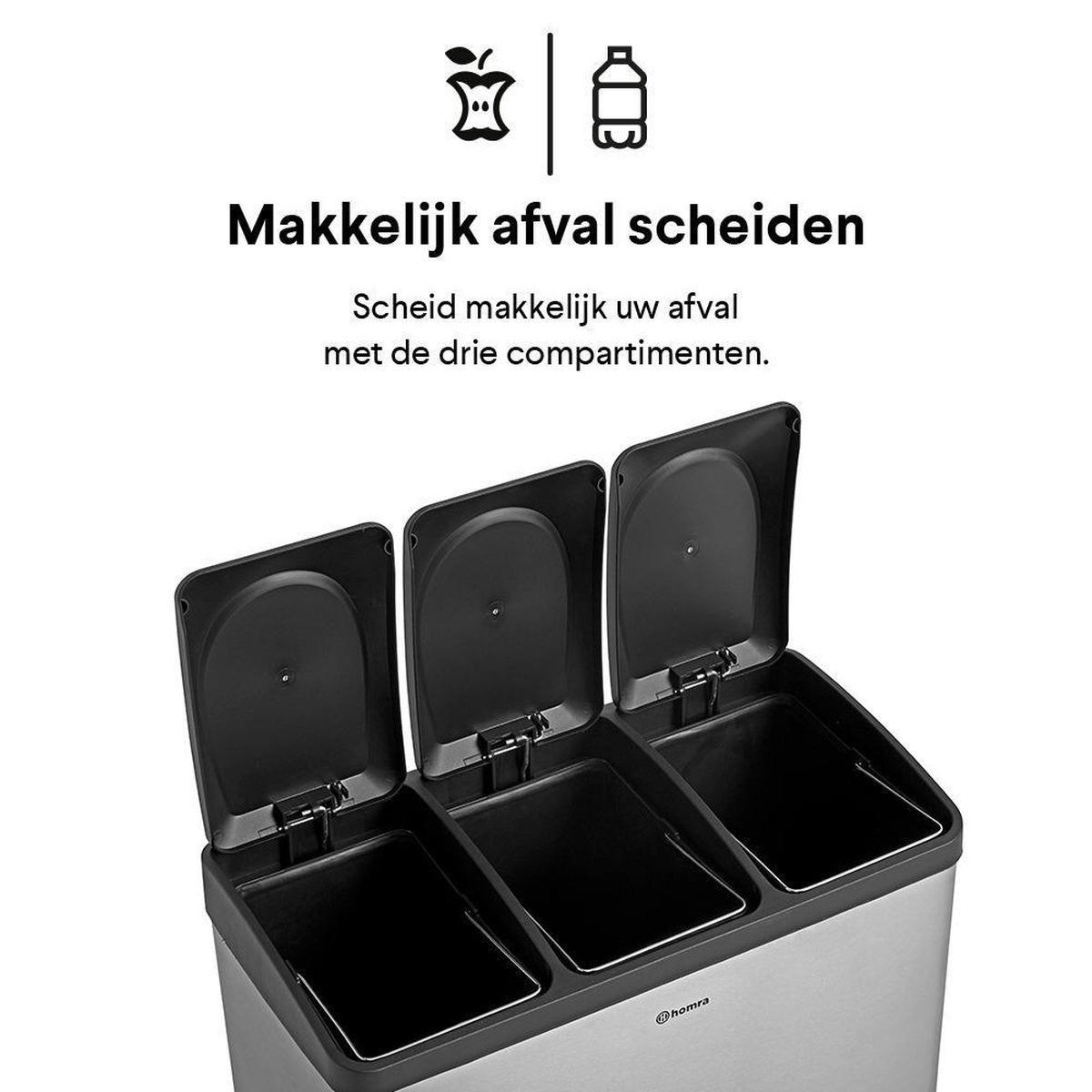 Poubelle 3 compartiments - Homra MAXER - Poubelle 60 litres (3x 20L) - acier inoxydable - Argenté