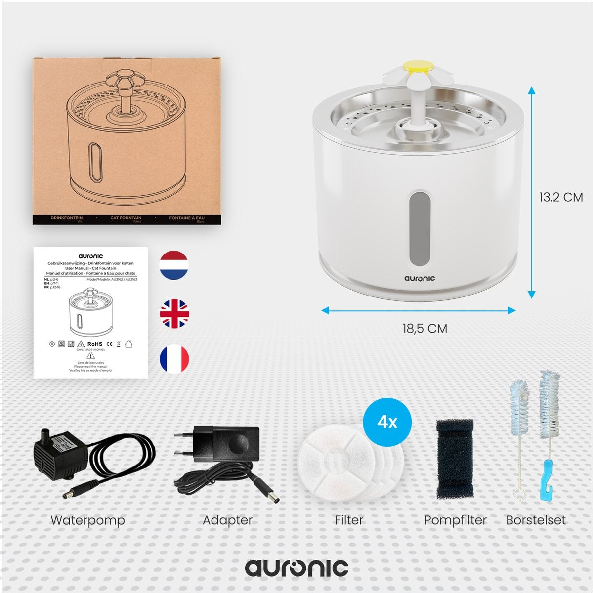 Abreuvoir Auronic - Fontaine à eau pour chats et chiens - 2.4L - Abreuvoir pour animaux - 4 filtres et 2 brosses inclus - Blanc