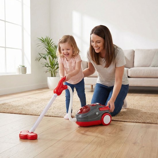 Aspirateur jouet Dirt Devil avec tuyau - avec effets sonores et particules tourbillonnantes - Jouet de nettoyage sans fil pour garçons et filles à partir de 3 ans - 88 x 15 x 12,5 cm - Rouge/Gris