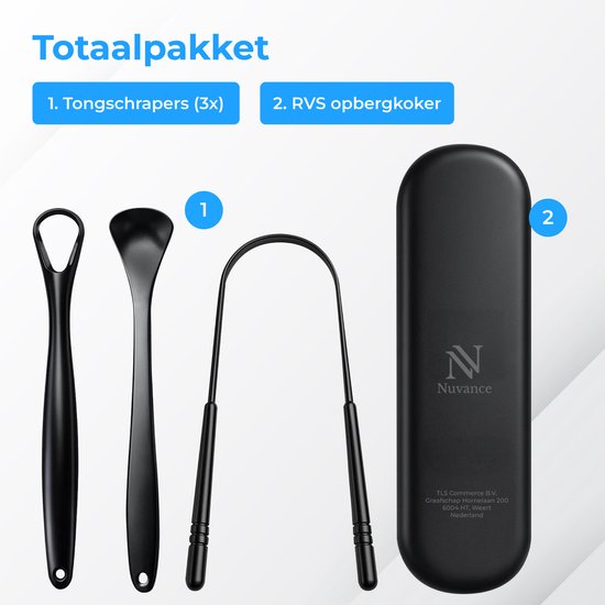 Grattoir à langue professionnel Nuvance - Kit 3 en 1 - pour l'hygiène bucco-dentaire - Nettoyeur de langue - Grattoir à langue - Tongue Scraper - Acier inoxydable - Noir