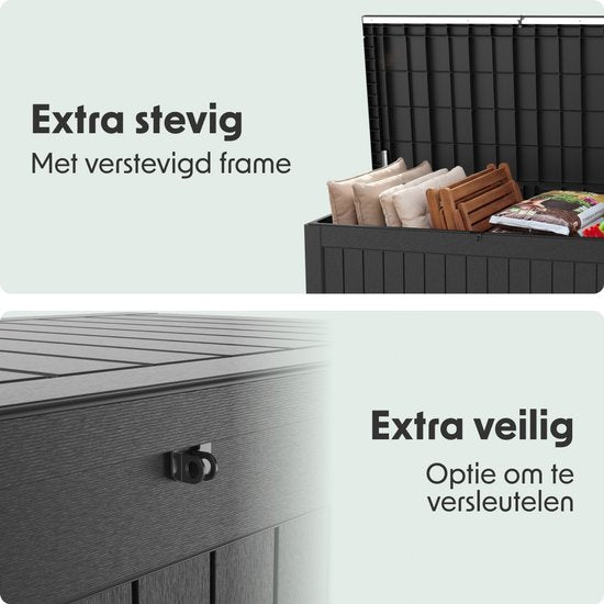 LifeGoods Boîte de rangement - 870L - Boîte à coussins - Étanche - Boîte à coussins de jardin - Inoxydable - Boîte de jardin - 146,5x81,5x85,6 cm - Noir
