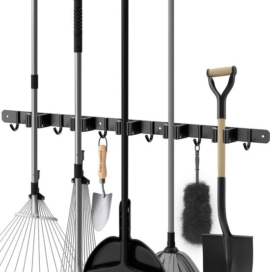 Porte balai Volcan - Système de suspension pour balai Outils de jardin - Porte-outils - Ruban adhésif 3M - 5 porte-balais 6 crochets - Acier inoxydable noir