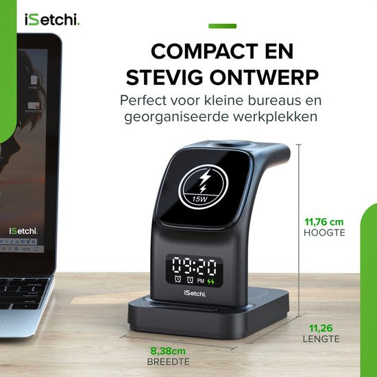 iSetchi MagSafe 5-in-1 Wireless Charger (15W USB-C fast charger) - Avec lampe LED, horloge numérique et fonctions d'alarme - Convient pour iPhone, Apple iWatch et Airpods - Station Qi sans fil - Chargeur GSM