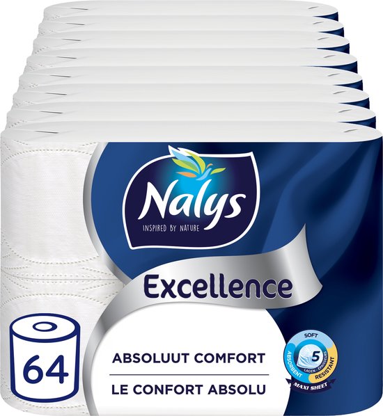 Nalys Excellence Papier hygiénique - 64 rouleaux - Papier hygiénique Maxi Sheets blanc (5 plis) - Emballage Avantage - Emballages en papier