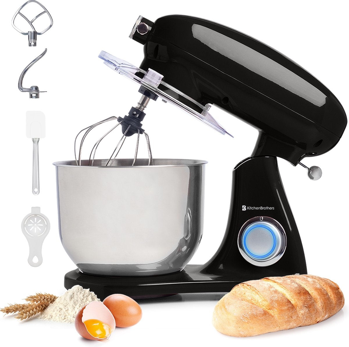 KitchenBrothers Food Processor - Batteur de cuisine avec bol en acier inoxydable de 6L - 1800W - Noir