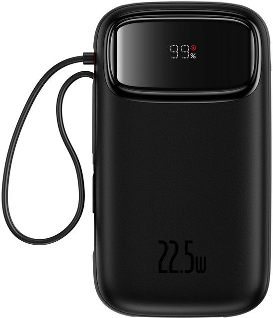 Batterie externe Baseus 10 000 mAh | Charge rapide 20 W via USB-C et USB-A | Format de voyage avec écran, noir | Batterie externe universelle compatible notamment avec Samsung et iPhone | Câbles USB-C et Lightning intégrés