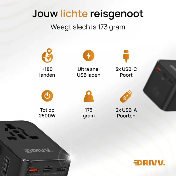 Drivv. Adaptateur universel USB-C 45 W - compatible avec plus de 180 pays - 3 ports USB-C et 2 ports USB-A - Adaptateur de voyage compact