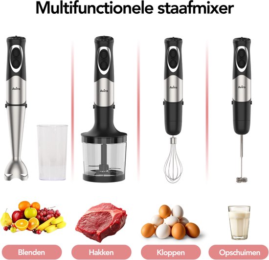 Aviro 6-in-1 Hand Blender Set - 1000W - 20 Speeds - Chopper, Milk Frother, Whisk & Measuring Cup - stainless steel