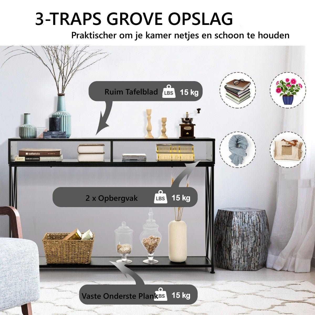 Table console Coast - 2 compartiments de rangement 1 étagère ouverte - 120 x 23 x 79 cm - Noir - Acier+bois