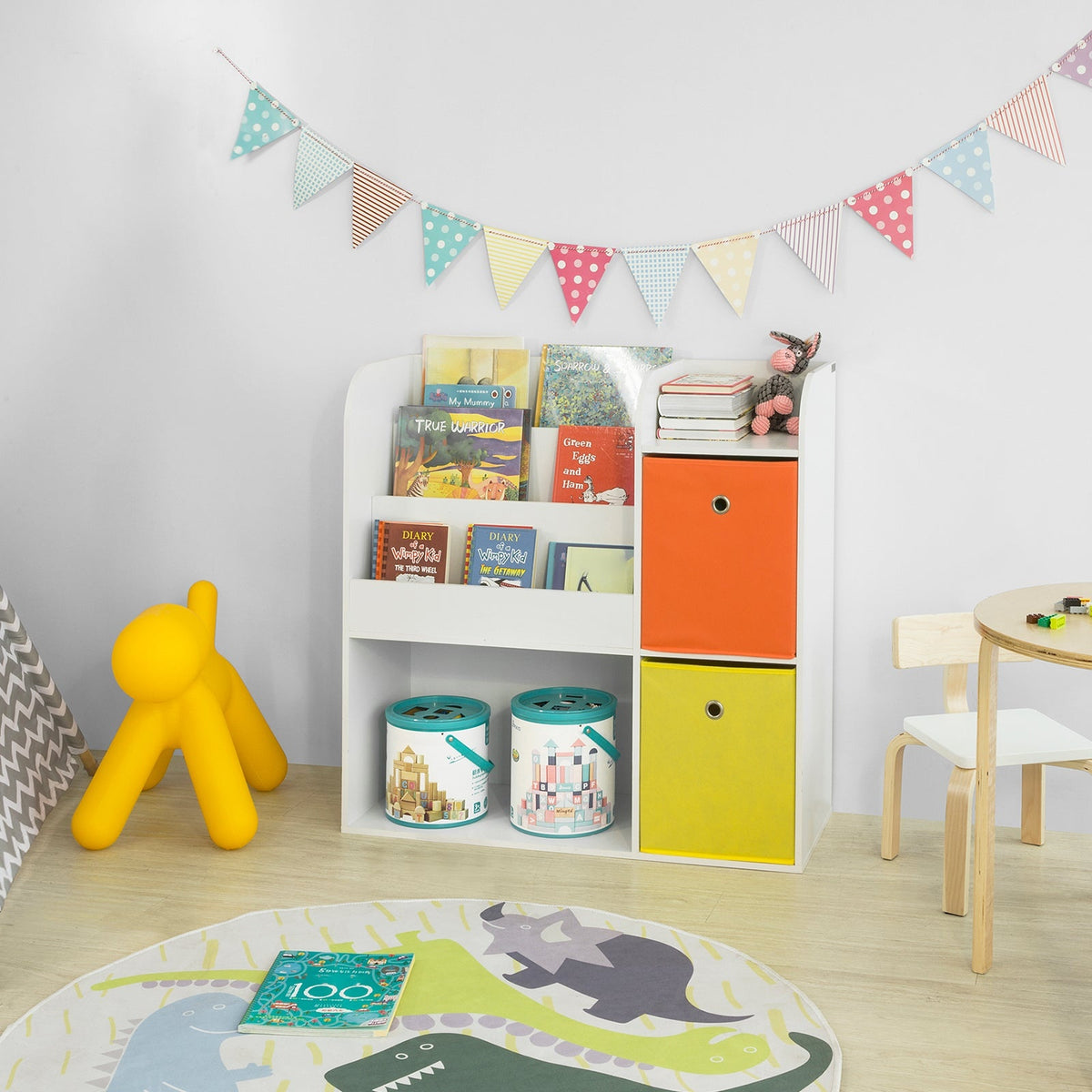 SoBuy Meuble de rangement pour livres et jouets - 2 paniers - 89 x 35 x 88 cm - Blanc