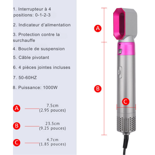 Styler à air chaud 5 en 1, Yiko, Brosse Sèche-Cheveux, Rose