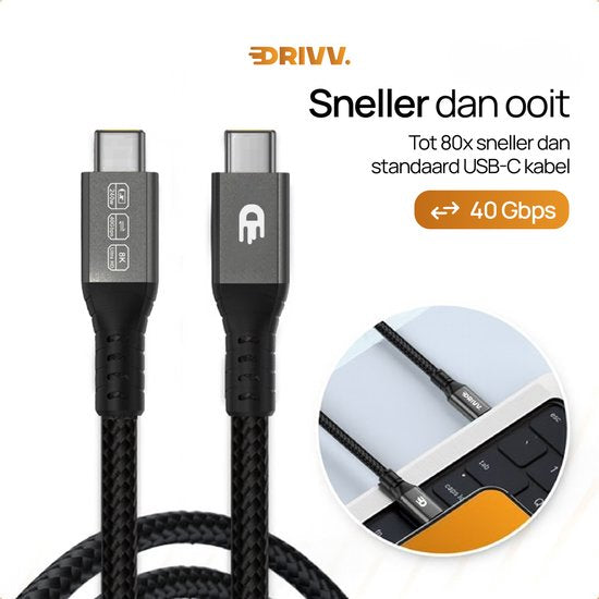 Drivv. Câble USB-C vers USB-C 4.0 - Gen 3 - Charge rapide 240 W - 8K 60 Hz - 40 Gbps - 3 mètres - Nylon - Noir