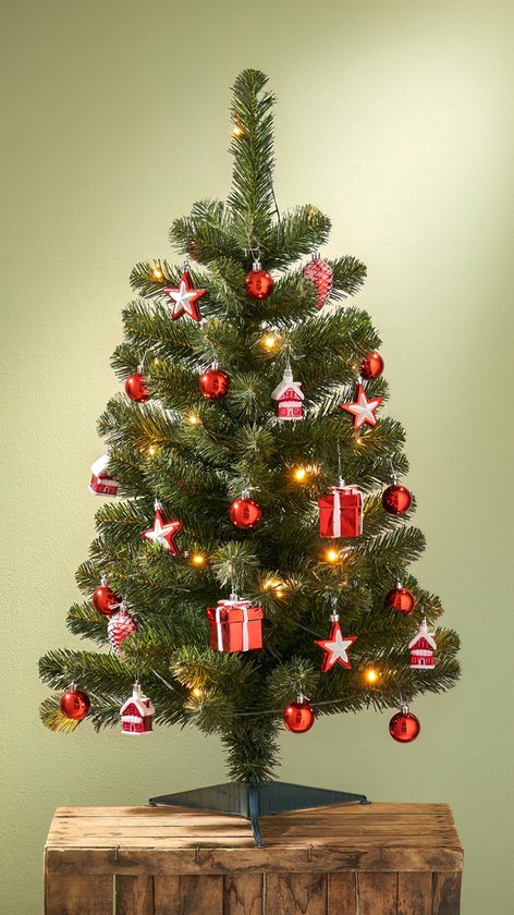 Black Box Trees Joy Artificial Christmas Tree with 26 Ornaments and LED Lights - H90 x Ø50 cm - Green, Red