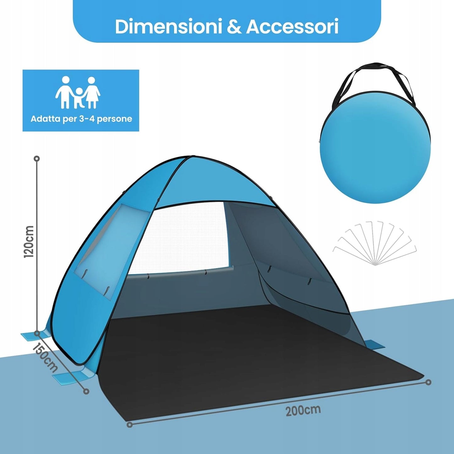 Tente de plage pop-up Woltu - Bleu - 200 x 150 x 120 cm