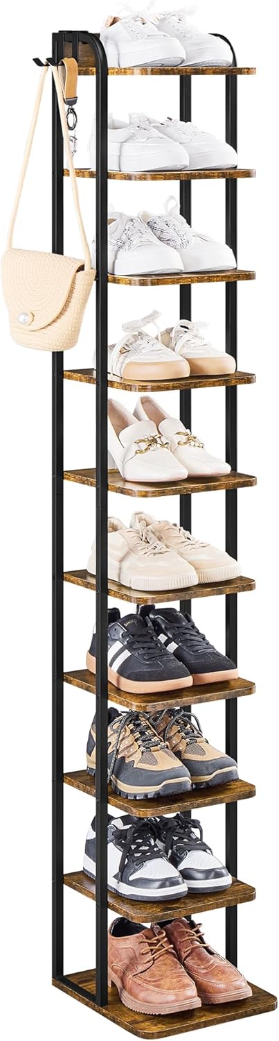 Yaheetech : étagère à chaussures étroite à 10 niveaux - 26,5 x 30 x 162 cm - Avec crochets - Bois et métal vintage - Marron rustique