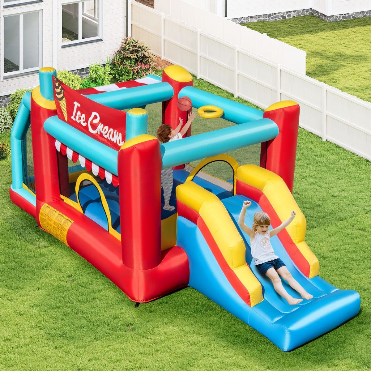 Structure gonflable Coast 5-en-1 - Toboggan - Piscine à balles - Panier de basket - Multicolore 485,5 x 239 x 206 cm