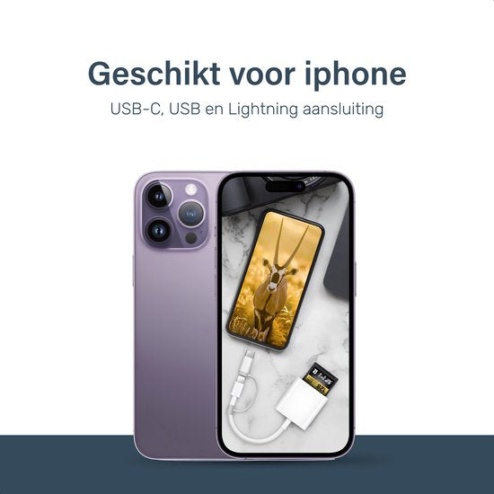 Skoov SD Card Reader - Lecteur de cartes pour iPhone et USB-C - Lecteur de cartes Micro SD et SD - Adaptateur Lightning - Lecteur de cartes mémoire - Lecteur SD et Micro SD - USB vers USB C