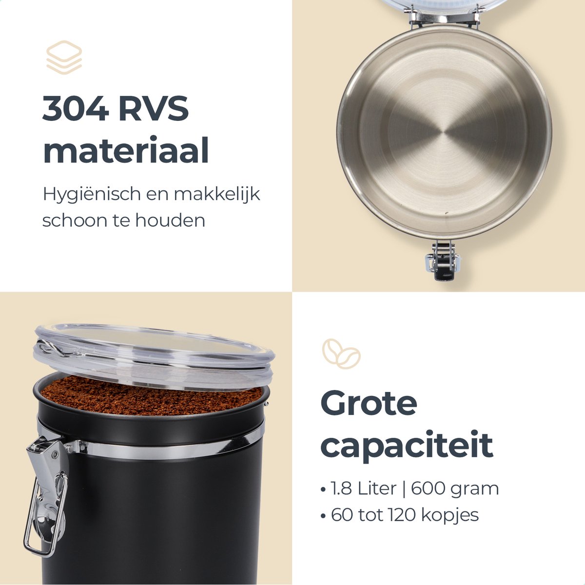 Boîte à café Castagnola - hermétique avec sortie CO2 - 1,8 litres - Noir