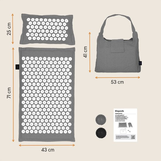 LifeGoods Tapis d'acupression Eco - avec coussin - Tapis Shakti - Tapis pour les ongles avec 2 balles pour les points de déclenchement et sac de transport - 72x43x2cm - Gris/Blanc