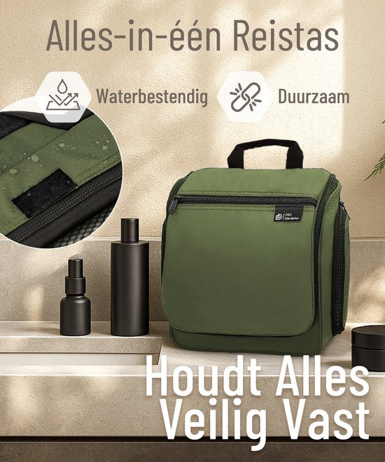 Trousse de toilette D&D Wanderlust avec crochet - Organiseur de voyage de luxe à suspendre avec 10 compartiments - Vert - Unisexe (femmes et hommes) - Capacité de 6 litres - Grande trousse de toilette de voyage à suspendre - Trousse à maquillage