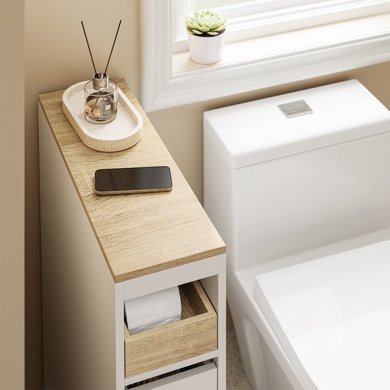 SoBuy Meuble de toilette 20 cm, meuble de salle de bain avec 3 tiroirs, petit meuble à papier toilette, étagère mobile pour salle de bain, toilettes et cuisine, blanc, 60 x 20 x 82,3 cm