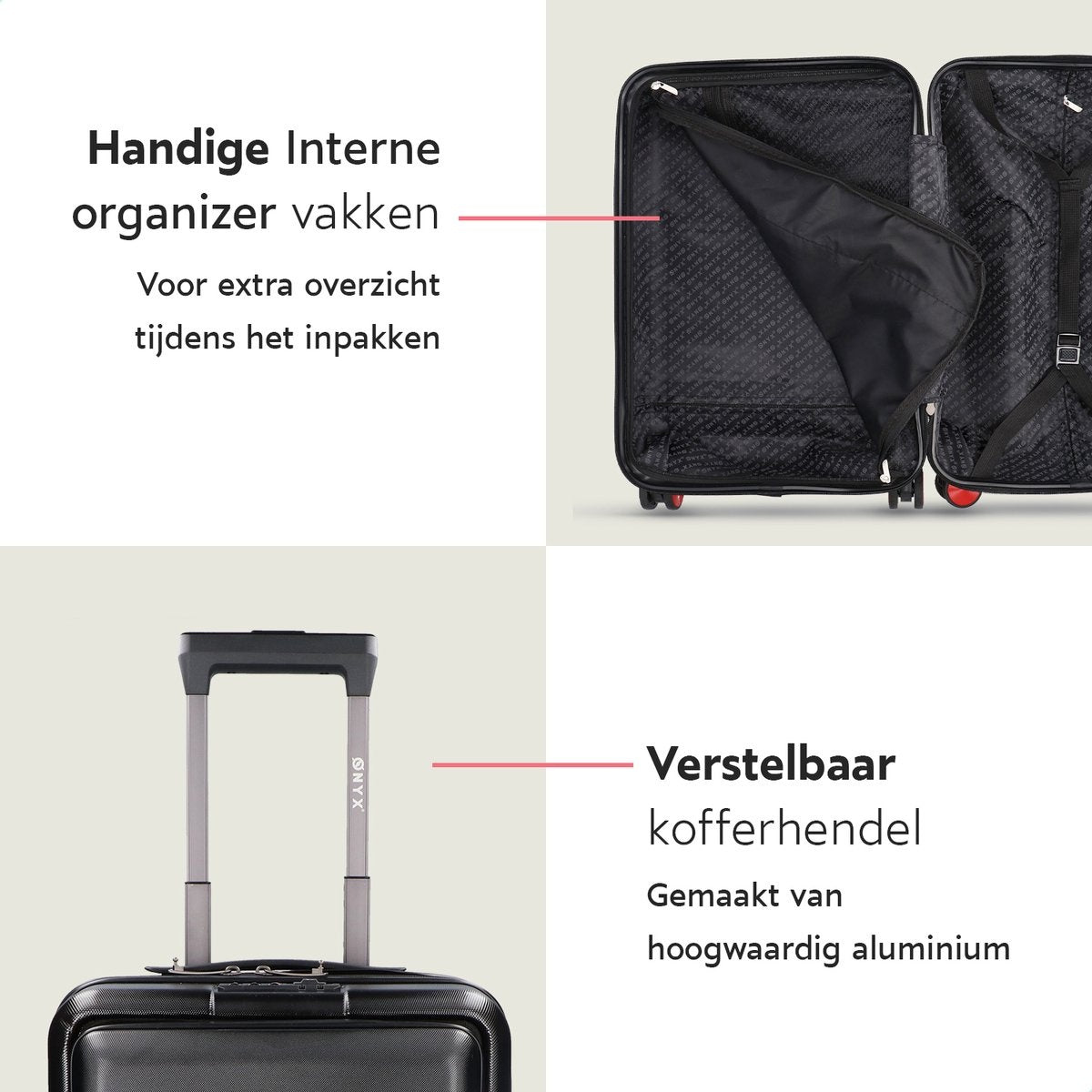 ONYX® - Bagage à main 35 L - Roues spinner - Trolley léger - Double serrure TSA - Poche avant pratique - 55 cm - Noir