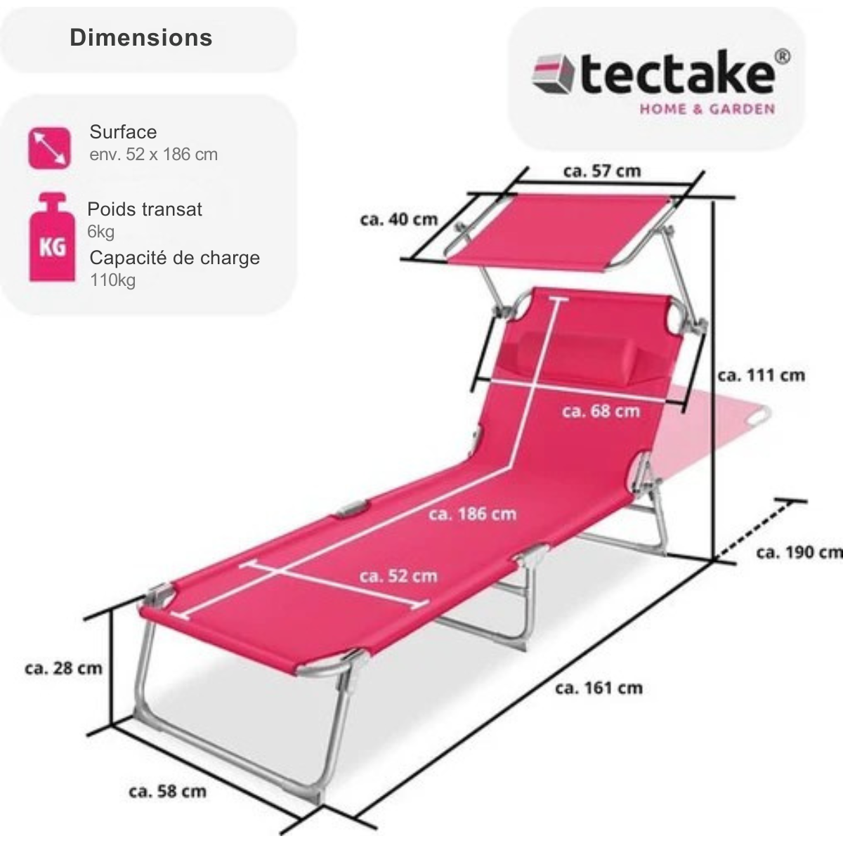 Chaise longue - Tectake® -  Réglable -  structure en acier avec parasol - dossier à 4 positions avec coussin - chaise de plage, jardin, piscine, camping - Rose - 68 x 190 x 28 cm