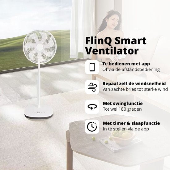 FlinQ Smart Fan - Ventilateur sur trépied - Ventilateur sur pied - Ventilateur silencieux avec rotation à 90° - contrôlé par application ou télécommande - Blanc