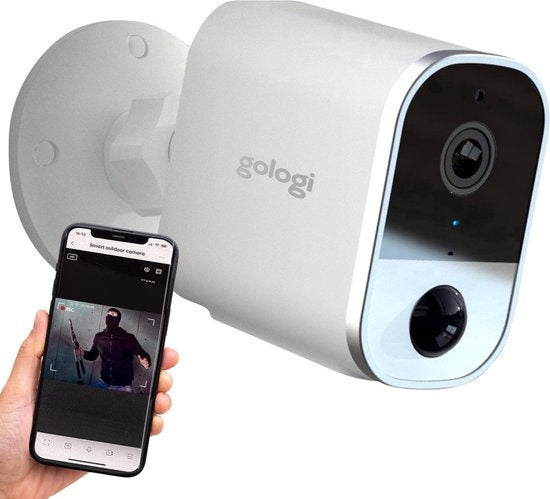 Gologi wireless camera on battery - Caméra de sécurité - Avec vision nocturne - Caméra WiFi - Caméra de sécurité - Rechargeable - Application en néerlandais - Blanc