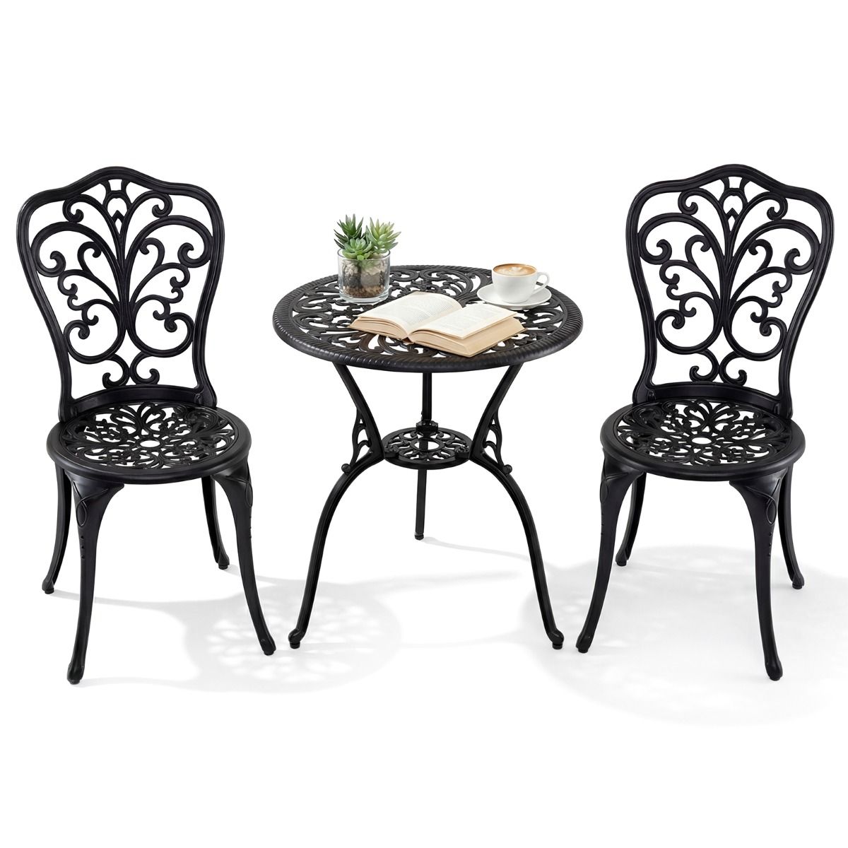 Ensemble de bistrot Coast 3 pièces - aluminium moulé - trou pour parasol - dossiers en forme de papillon - noir