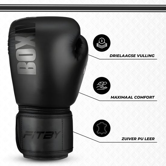 Gants de boxe Fitby - Gants de kickboxing - Gants de boxe - Noir - 12 oz